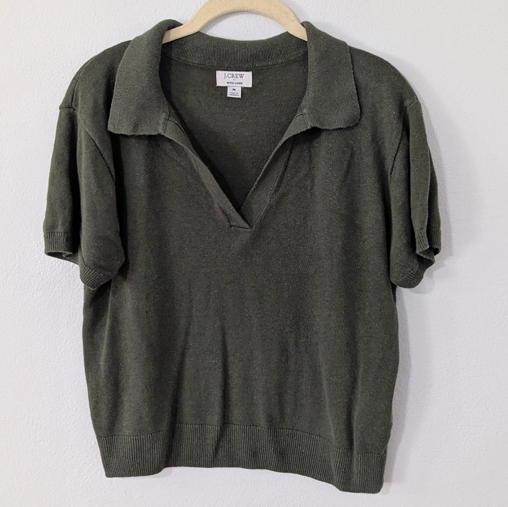 J. Crew Factory Linen Blend Short Sleeve Polo Sweater Knit Green Medium M